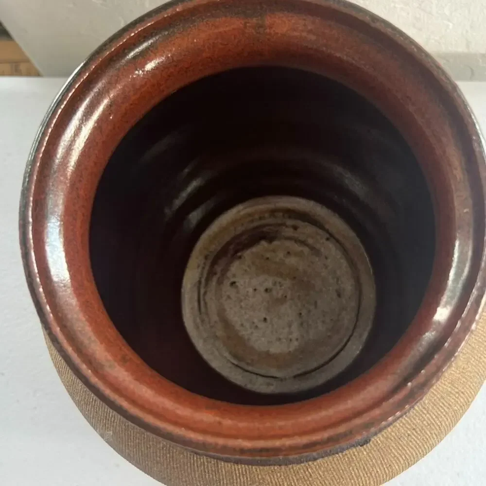 Art Studio Pottery Handmade Stoneware Lidded Storage Jar Artist Signed Brown Vtg